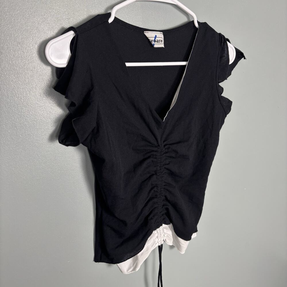 Vintage Y2K Women’s Black Scrunch Front V Neck Sleeveless Shirt Top XL 1X White
